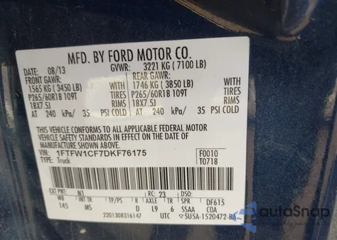 2013 Ford F-150 Xlt z USA, uszkodzony, nr VIN 1FTFW1CF7DKF76175